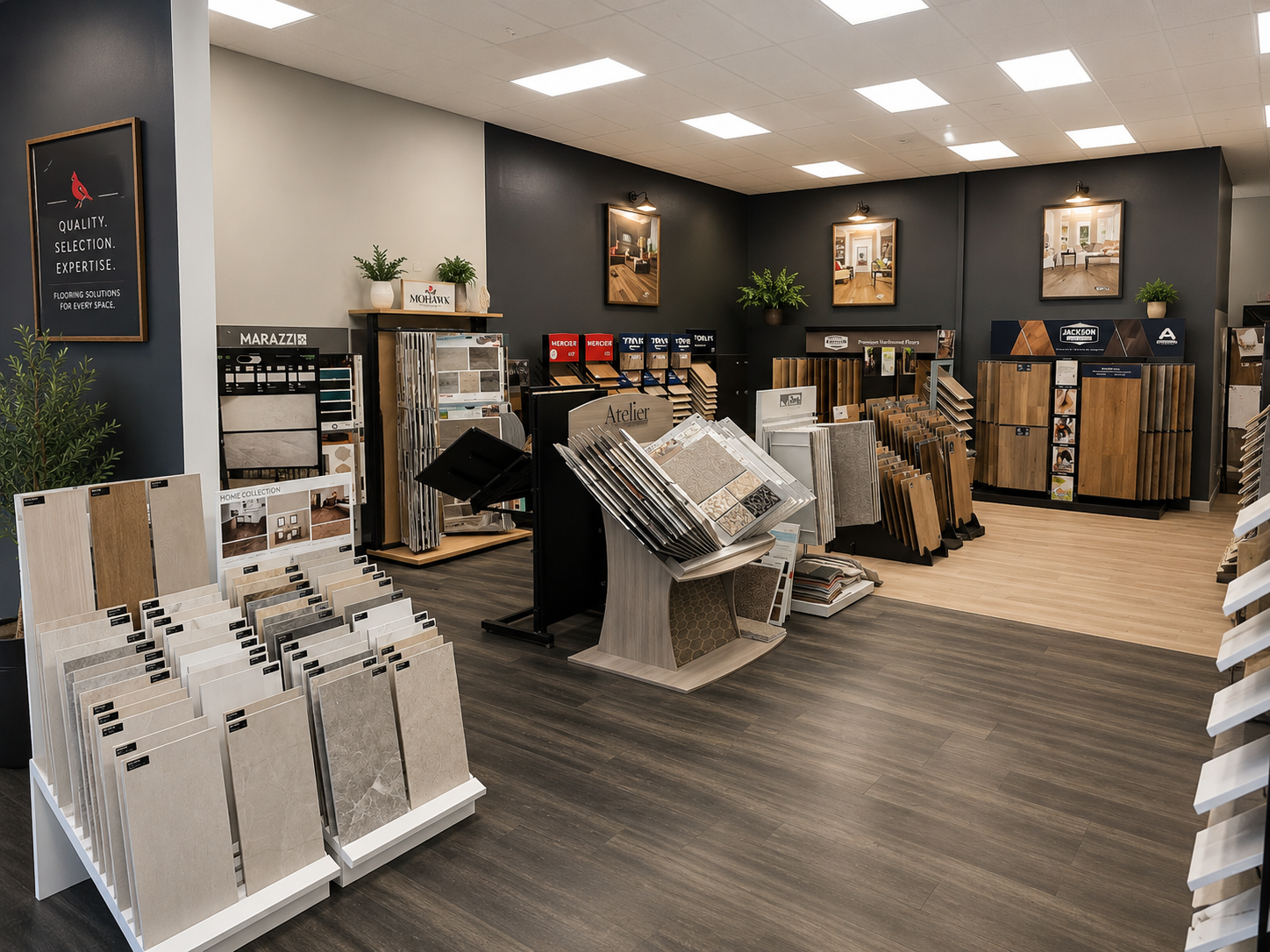 Flooring and cabinet displays at Cardinal Flooring and Cabinets showroom in Fenton Missouri