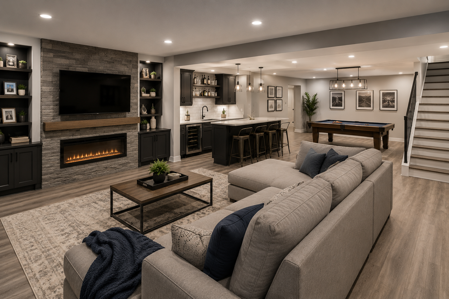 Finished basement remodeling project in St. Louis